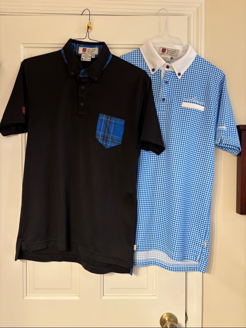 Iliac unique Golf lot-2 polos-Black Polo w/ Plaid Pocket & Blue/white plaid -Med